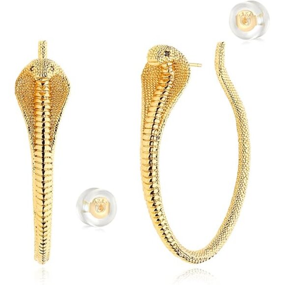 Gold Tone over Brass Cobra Snake  Hoop Earrings with CZ Eyes – 2 Inches - Picture 1 of 9